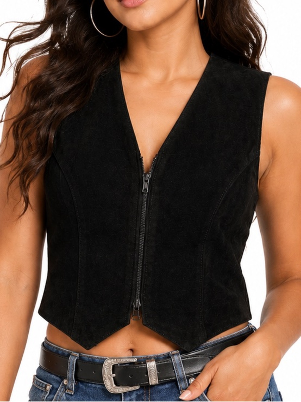 All Leather Black Suede-Look Zip Front Cropped Vest